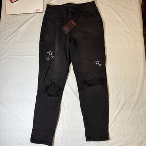 No Boundaries NWT Super High Rise Mom Jeans Black Distressed Embroidered Size 11